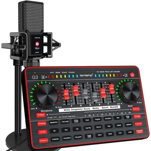 Podcast Microphone Live Sound Card Kit, Studio Condenser Mic with Sound Board
